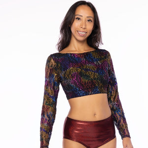 Top, Multi-colored metallic lace on black mesh (midriff, long sleeves)