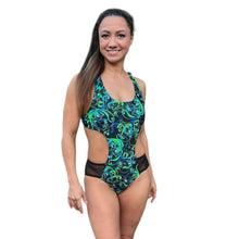 Leotard, Neon lime/turquoise on black with glitter