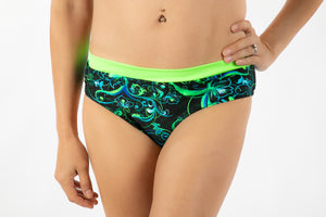 Bikini, Black with Foil, Neon Lime, Turquoise (banded, scrunch-back, cheeky)
